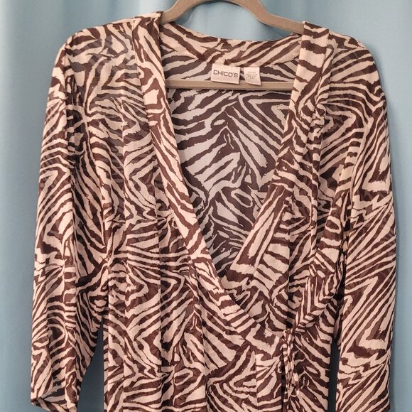 Chico’s Zebra Print Semi-Sheer Wrap Top | Size 2 | Brown & Cream - Picture 1 of 4